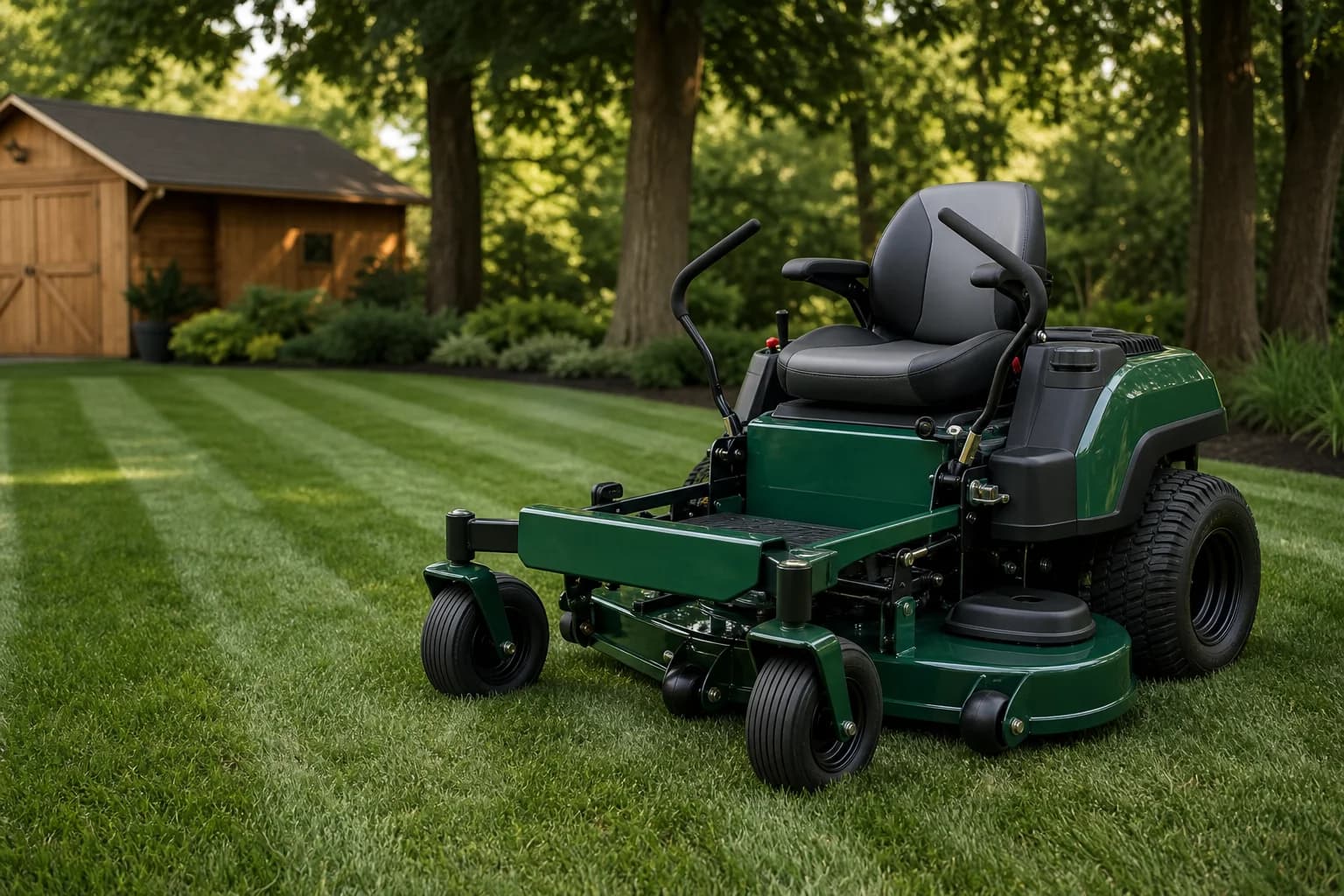 Riding lawn mower parked on a freshly cut lawn beside a garden shed
